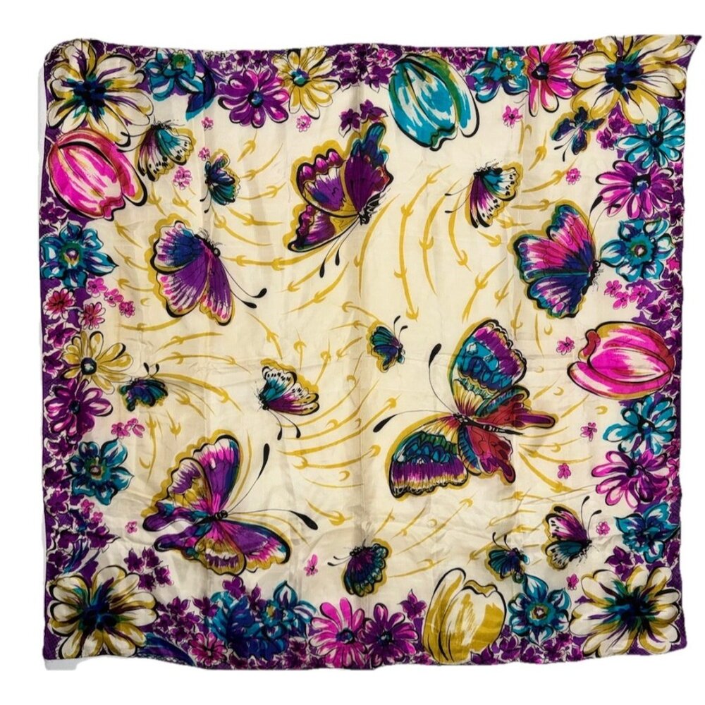Vintage Oversized Square Scarf Butterflies Flowers Floral Cream Shiny Poly Silk